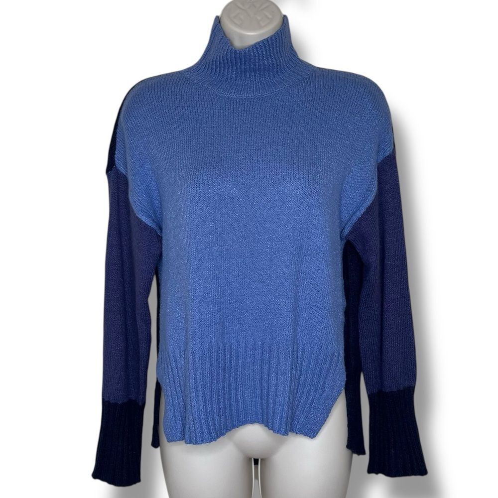 Time and Tru Blue Colorblock Mock Turtleneck Long Sleeve Sweater Women Medium